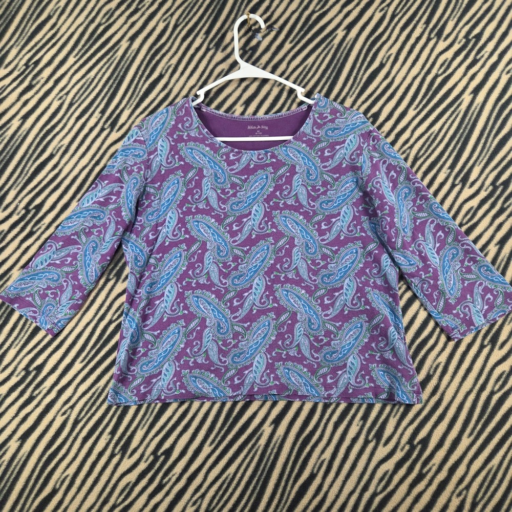 White Stag Purple Paisley 3/4 Sleeve Cotton Top Womens Medium 8-10